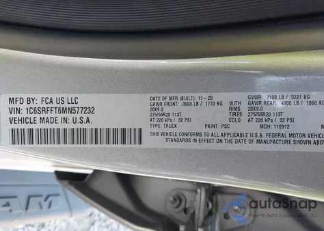 2021 Ram 1500 Big Horn 4X4 5'7 Box из США, поврежденный, VIN 1C6SRFFT6MN577232